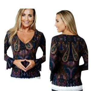 "VAIO" (S) Like New! Beautiful Paisley Blouse with Long Bell Sleeves